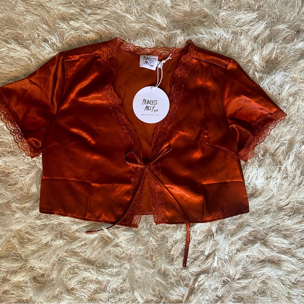 rust orange tie up shirt